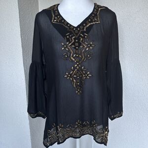 Black Label by Chico's Embellished Beaded Black Sheer Top Size 00